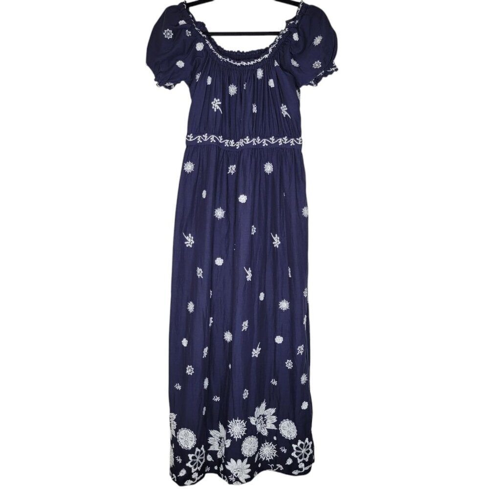 Gretchen Scott Floral Embroidered Midi Dress XS Cottagecore Pockets Empire Waist